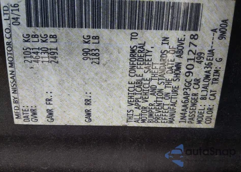 2016 Nissan Maxima 3.5 S z USA, uszkodzony, nr VIN 1N4AA6AP3GC901278